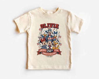 Personalized Disney  USA Kids T-Shirt, Custom Name Patriotic Celebration Mickey and Friends Characters 4th Of July Shirt