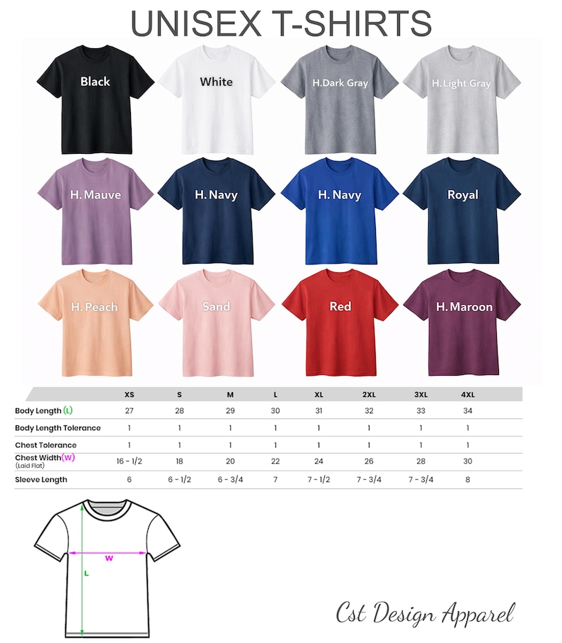 Puede incluir: Una carta de colores de doce camisetas de manga corta y cuello redondo etiquetadas como Black, White, H.Dark Gray, H.Light Gray, H.Mauve, H.Navy, Royal, H.Peach, Sand, Red y H.Maroon. Incluye una tabla de tallas y un dibujo lineal de una camiseta.