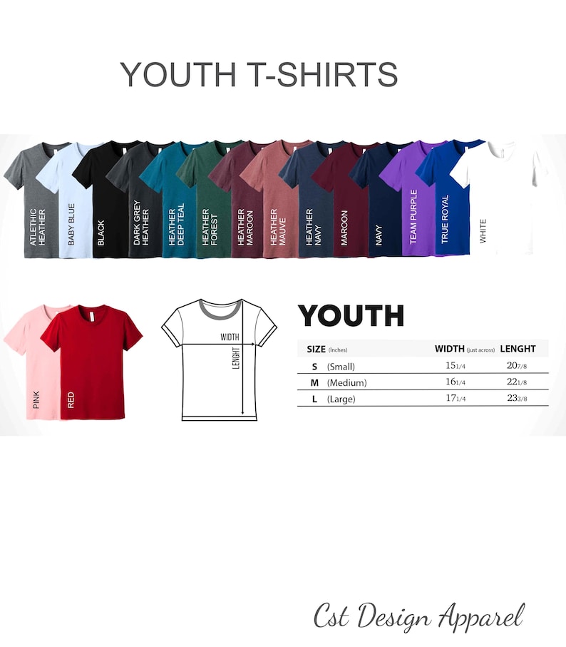 Puede incluir: Una carta de colores de camisetas juveniles en varios tonos, incluyendo gris jaspeado, azul beb&eacute;, negro, gris oscuro, verde azulado, verde bosque, granate, malva, azul marino, morado, azul real, blanco, rosa y rojo. Incluye tabla de tallas en pulgadas.