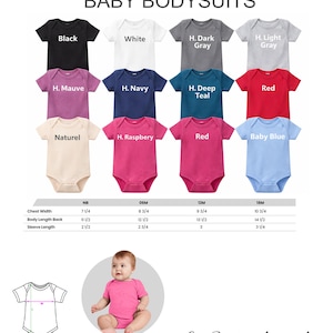 Puede incluir: Una colecci&oacute;n de bodys para beb&eacute;s en doce colores, incluyendo negro, blanco, gris, azul marino, verde azulado, rojo, malva, frambuesa y azul beb&eacute;. Una tabla muestra medidas en pulgadas para tallas NB, 0-6M, 12M y 18M. Un diagrama muestra puntos de medida.