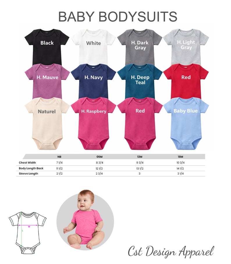Puede incluir: Una colecci&oacute;n de bodys para beb&eacute;s en doce colores, incluyendo negro, blanco, gris, azul marino, verde azulado, rojo, malva, frambuesa y azul beb&eacute;. Una tabla muestra medidas en pulgadas para tallas NB, 0-6M, 12M y 18M. Un diagrama muestra puntos de medida.