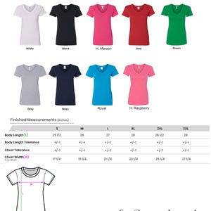 Puede incluir: Una colecci&oacute;n de camisetas con cuello en V en blanco, negro, granate, rojo, verde, gris, azul marino, azul real y frambuesa. Incluye una tabla de tallas con medidas en pulgadas para las tallas S a 3XL, mostrando el largo y el ancho del pecho.
