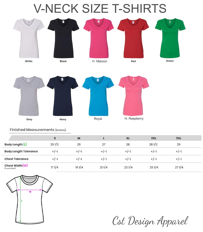 Puede incluir: Una colecci&oacute;n de camisetas con cuello en V en blanco, negro, granate, rojo, verde, gris, azul marino, azul real y frambuesa. Incluye una tabla de tallas con medidas en pulgadas para las tallas S a 3XL, mostrando el largo y el ancho del pecho.