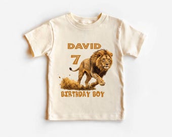 Personalized Kids Birthday Lion Shirt, African Lion wildlife safari Toddler T-Shirt, Custom Name Age Toddler,Natural Boho Toddler Youth Tee