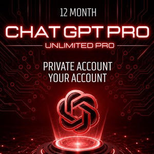 Può includere: Una grafica digitale con il testo 12 MONTH CHAT GPT PRO UNLIMITED PRO PRIVATE ACCOUNT YOUR ACCOUNT. Un logo rosso brillante si trova su una piattaforma circolare con motivi a circuito. Icone per accesso, sicurezza, velocità e supporto sono in basso.