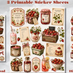 Könnte beinhalten: Drei druckbare Aufkleberbögen mit dem Titel Strawberry Patch Market Sticker Sheet. Die Bögen zeigen verschiedene Illustrationen von Erdbeeren in Körben, Marmeladengläsern, Milchflaschen, Kuchen, Kerzen und Einkaufslisten im Vintage-Stil.