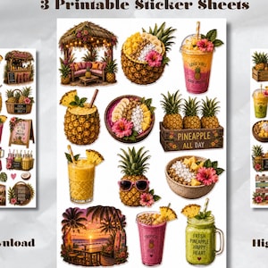 Könnte beinhalten: Drei druckbare Aufkleberbögen mit der Aufschrift Pineapple Smoothie Sticker Pack. Die Bögen zeigen verschiedene Illustrationen von Ananas, tropischen Smoothies in Gläsern, Obstschalen, Strandhütten und Palmen in leuchtenden Gelb-, Pink- und Grüntönen.
