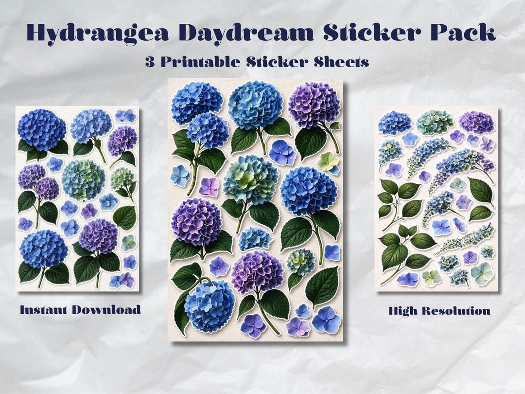 Hydrangea Daydream Printable Sticker Pack Blue and Purple Floral Junk ...