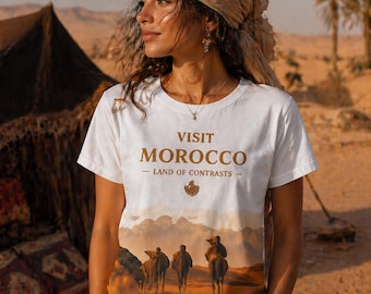 Visit Morocco T-Shirt Desert Camels & Sahara Travel Graphic Tee Moroccan Landscape Adventure Unisex Shirt Wanderlust Souvenir Tee