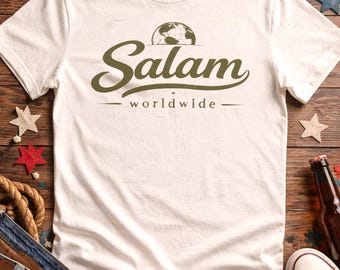 Salam T-Shirt, Arabic Peace Shirt, Minimalist World Map Tee, Olive Green Aesthetic Shirt, Unisex Streetwear Gift Idea