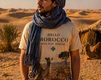 Hello Morocco T-Shirt Desert Camels Graphic Tee Moroccan Travel Souvenir Unisex Cotton Tee Adventure & Wanderlust for men for women