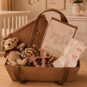 Può includere: Un cesto regalo marrone contenente un orsetto beige all'uncinetto con un nastro marrone, una pochette in velluto a coste marrone, un set di cucchiaio e forchetta in silicone rosa, calzini bianchi con farfalle rosa e un biglietto.