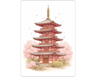 Cherry Blossom and 5 story Pagoda Sticker | Japanese Temple Kiss-Cut Sticker