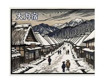 Snowy Old Village Rolled Poster | Japanese Woodblock Street Scene