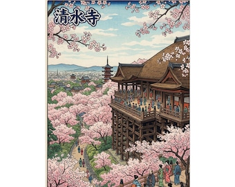 Kiyomizu-dera Cherry Blossom View Rolled Poster | Japanese Temple Print