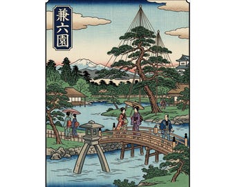Japanese Ukiyo-e Garden Scene Rolled Poster | Vintage Woodblock Art