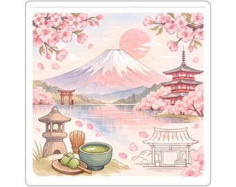 Cherry Blossom Japan Scenery Kiss-Cut Sticker | Mount Fuji, Pagoda, Matcha