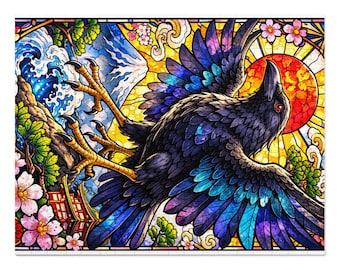 Stained Glass Raven Jigsaw Puzzle with Tin | Colorful Crow Art Puzzle