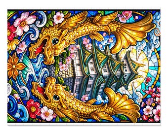 Koi Dragon Stained Glass Illustration Jigsaw Puzzle with Tin | 500pc