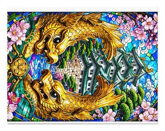 Golden Koi Mirror Puzzle Jigsaw | Asian Temple Stained Glass Art, Tin Box