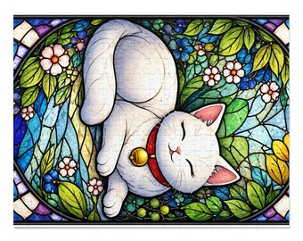 Sleeping White Cat Jigsaw Puzzle with Tin | Stained Glass Floral Design