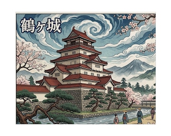 Japanese Castle Illustration Rolled Poster | Sakura, Mount Fuji, Traditional Art