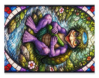 Kappa Creature Illustration Jigsaw Puzzle with Tin | Fantasy Stained Glass Style