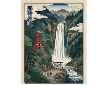 Japanese Waterfall Landscape Rolled Poster | Ukiyo-e Style, Torii Shrine