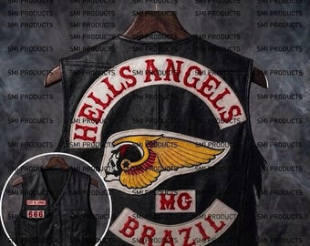 Hells Angles Brasilien gestickter Totenschädel | Herren Schwarz Leder Biker Weste