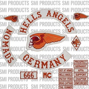 May include: Embroidered patches featuring the words "HELLS ANGELS", "GERMANY", and "NOMADS". Patches include a winged skull, the number "666", and various club titles. The patches are white with red and orange details.