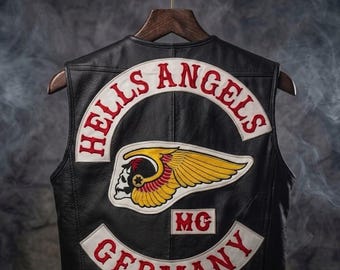Hells Angles Germany Totenkopf gestickt | Herren Schwarz Leder Biker Weste