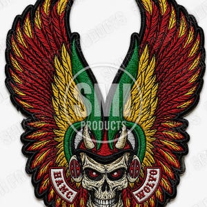 May include: Embroidered patch featuring a skull wearing a feathered headdress and wings. The wings are red, yellow, and green. The skull has red eyes and is wearing a headdress with horns. The patch has the text "BAMC WOLVO".