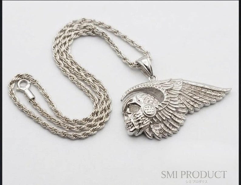 Winged Chieftain Skull Pendant, Silver Plated Biker Necklace, Statement Charm