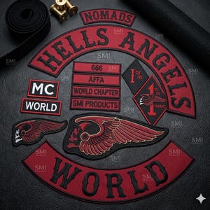 May include: A collection of red and black embroidered patches with various designs and text. The patches include the words "HELLS ANGELS", "NOMADS", "WORLD", and "MC WORLD". Other patches feature a skull with wings and the number "1%."