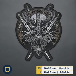 May include: Black embroidered patch featuring a Viking warrior with a horned helmet, crossed swords, and intricate knotwork. The patch measures 10x13 inches (26x33 cm) in XL size and 7.5x9 inches (19x23 cm) in L size. The design incorporates silver and gold thread.