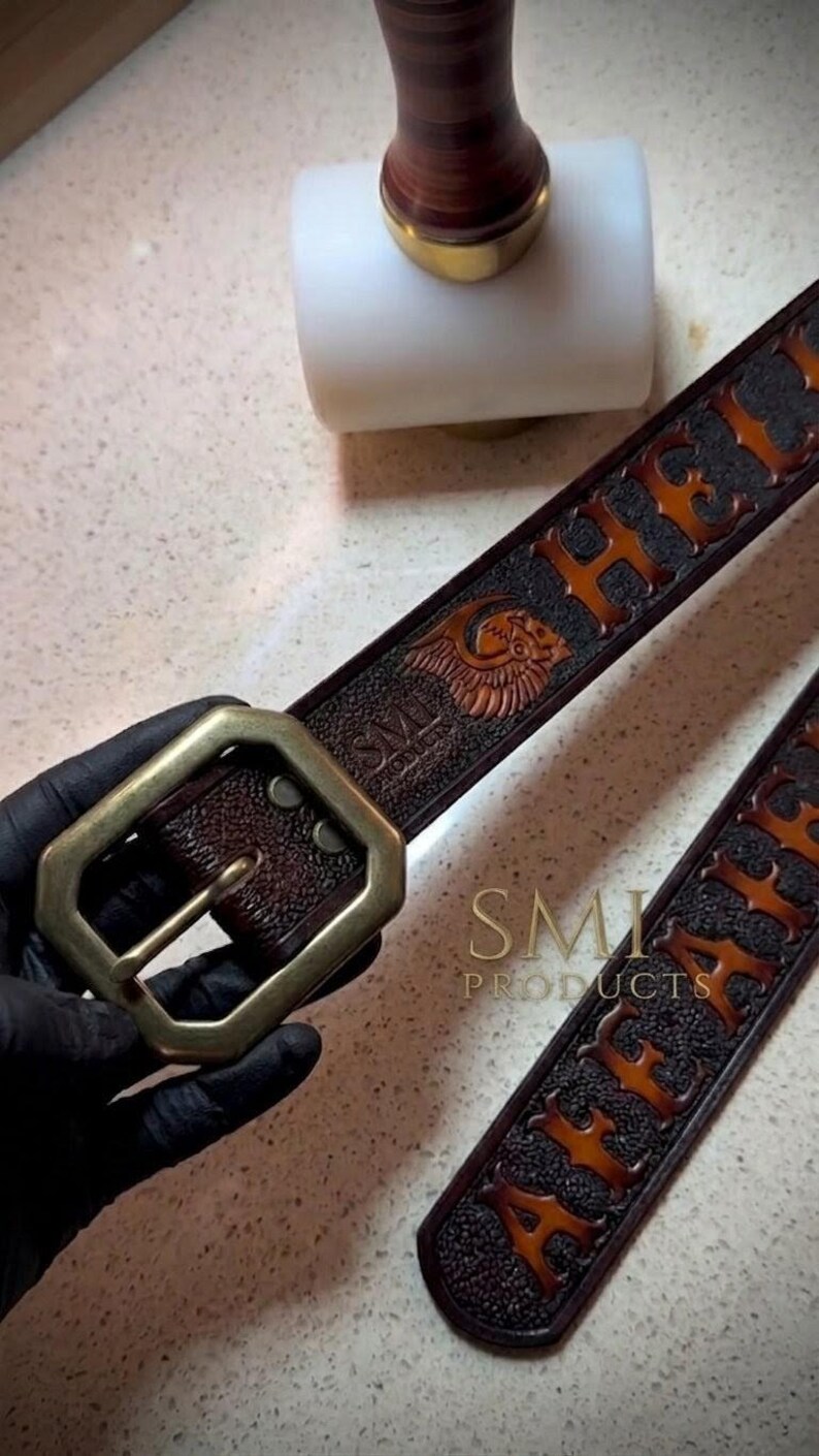 Custom Full Grain Leather Biker Belt – Handcrafted Western Style, Embossed SMI Products