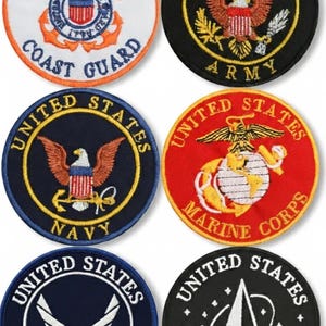 May include: Six embroidered patches featuring the emblems of the United States military branches: Coast Guard, Army, Navy, Marine Corps, Air Force, and Space Force. Each patch is circular with the words "United States" at the top.