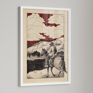 Può includere: Illustrazione in bianco e nero incorniciata di un cowboy a cavallo, sullo sfondo di montagne e nuvole. L'opera presenta un cielo rosso e una rappresentazione dettagliata del paesaggio, creando un'estetica vintage.