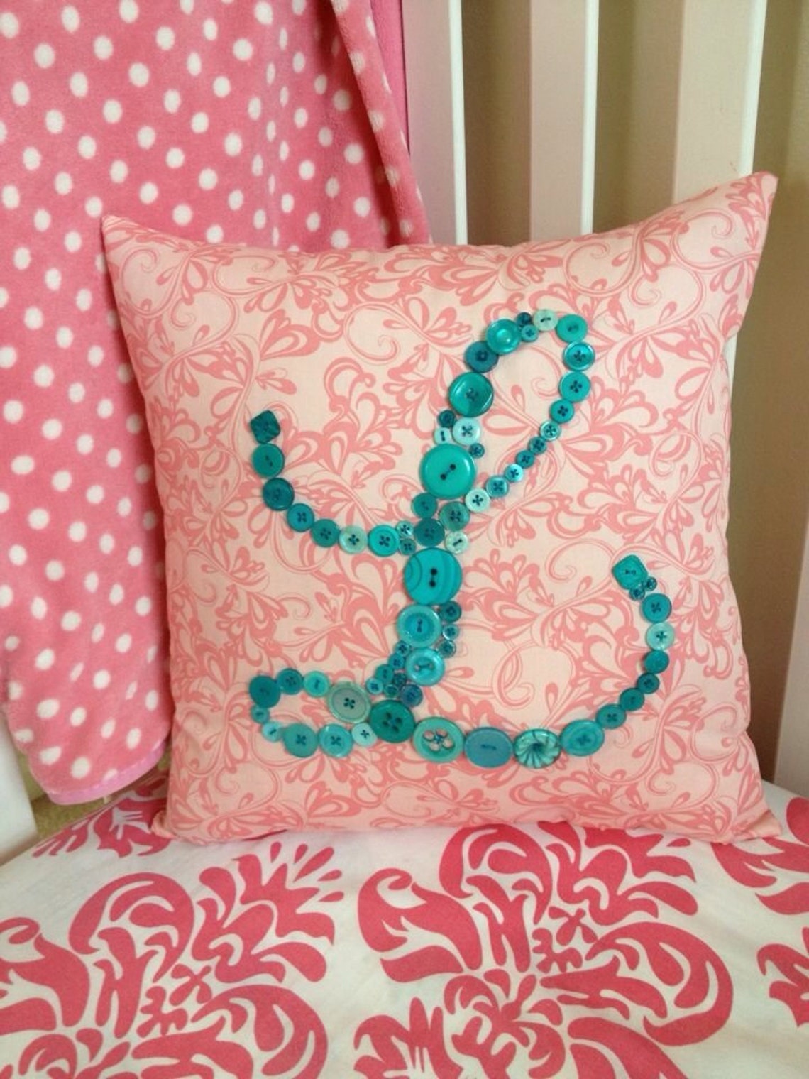 Custom Button Monogram Pillow White Canvas Front/colorful | Etsy