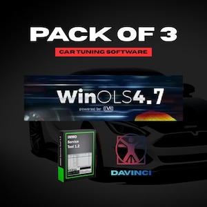 Può includere: Immagine di un pacchetto software per la messa a punto di auto. L'immagine presenta il testo "PACK OF 3" sopra "CAR TUNING SOFTWARE". Include i titoli dei software "WinOLS4.7", "IMMO Service Tool 1.2" e un logo "DAVINCI", il tutto su uno sfondo scuro con una silhouette di auto.