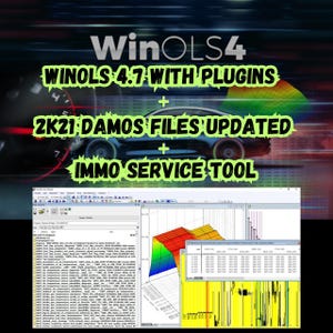 Può includere: Immagine di uno schermo di computer che mostra un'interfaccia software con grafici e dati. L'immagine presenta anche il testo "WinOLS 4.7 with Plugins", "2K21 Damos Files Updated" e "Immo Service Tool". Lo sfondo è un'immagine sfocata di un'auto.