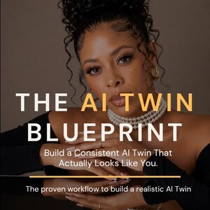 May include: A digital book cover titled THE AI TWIN BLUEPRINT, featuring a portrait of a person with dark curly hair, gold hoop earrings, and a multi-strand pearl necklace. Text includes: Build a Consistent AI Twin That Actually Looks Like You.