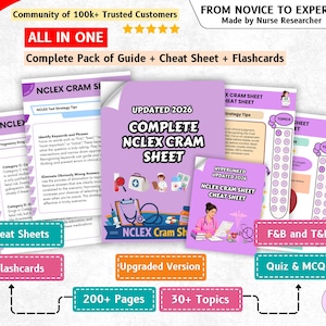 May include: A comprehensive NCLEX study guide set featuring a 2026 updated cram sheet, cheat sheets, and flashcards. The materials include text strategy tips, medical illustrations, and topic lists on purple and white pages for nursing exam prep.