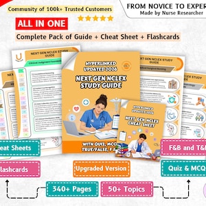 Può includere: Un set completo di guide allo studio infermieristico che include una guida allo studio Next Gen NCLEX, fogli di riepilogo e flashcard. I materiali contengono testo, diagrammi e illustrazioni di professionisti medici con etichette.