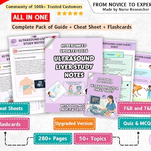 May include: A comprehensive educational bundle featuring ultrasound liver study notes, cheat sheets, and flashcards. The documents include text, diagrams, and illustrations related to liver sonography, labelled with titles like Hyperlinked Updated 2026.