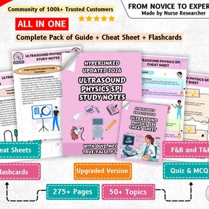 May include: A comprehensive educational study pack for ultrasound physics SPI, featuring pink-themed study notes, cheat sheets, and flashcards. The materials include text, diagrams, and illustrations of medical equipment, totaling over 275 pages and 50 topics.
