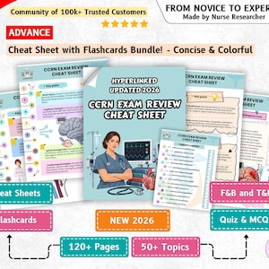 May include: A digital educational bundle featuring CCRN Exam Review Cheat Sheets and flashcards. The cover displays a nurse, medical equipment, and the text 'CCRN EXAM REVIEW CHEAT SHEET' and 'HYPERLINKED UPDATED 2026'. Includes 120+ pages and 50+ topics.