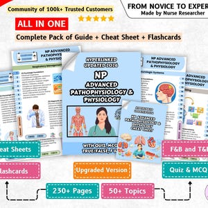 May include: A comprehensive educational study set titled NP Advanced Pathophysiology & Physiology, featuring a guide, cheat sheets, and flashcards. The light blue documents include anatomical illustrations, medical diagrams, and text covering 50+ topics across 230+ pages, updated for 2026 with hyperlinked content, quizzes, and multiple-choice questions.
