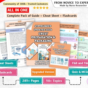 Può includere: Una guida di studio educativa completa per la preparazione e il confezionamento CRCST, che include una raccolta di documenti, fogli di riepilogo e flashcard. I materiali contengono testo, diagrammi e illustrazioni relativi alla sterilizzazione, al confezionamento e ai test di strumenti medici, per un totale di oltre 285 pagine e 50 argomenti.