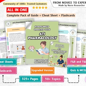 May include: A comprehensive ATI Pharmacology study guide set featuring a 325+ page manual, cheat sheets, and flashcards. The materials include 50+ topics, quizzes, MCQs, and true/false questions, all updated for 2026 with hyperlinked navigation.